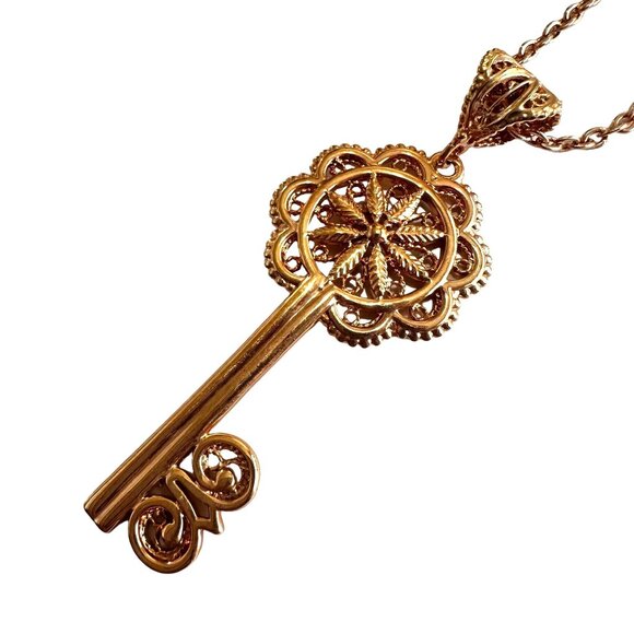 Turkey Jewelry - Gold Tone Key Pendant Long 32" Necklace Signed Turkey